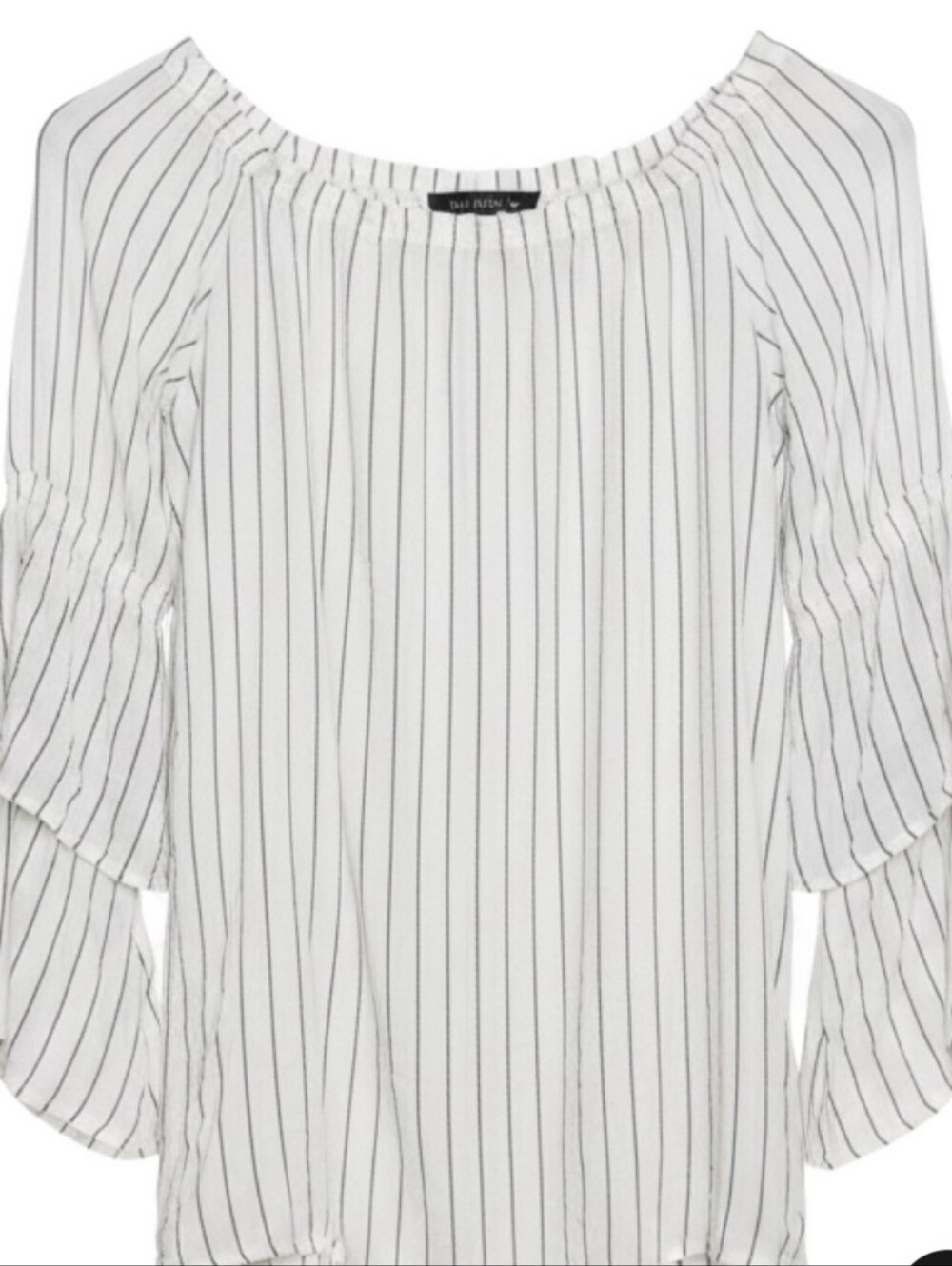 Calvin Klein White Pinstripe Off-Shoulder Ruffle Sleeve Tunic